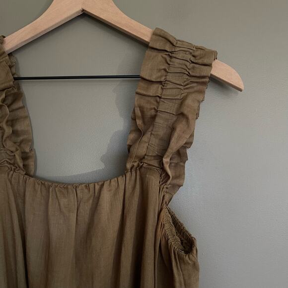 Frame Ruffle Strap Button Back Dress in Moss Size Small Khaki Green Ramie Chic - Picture 7 of 16